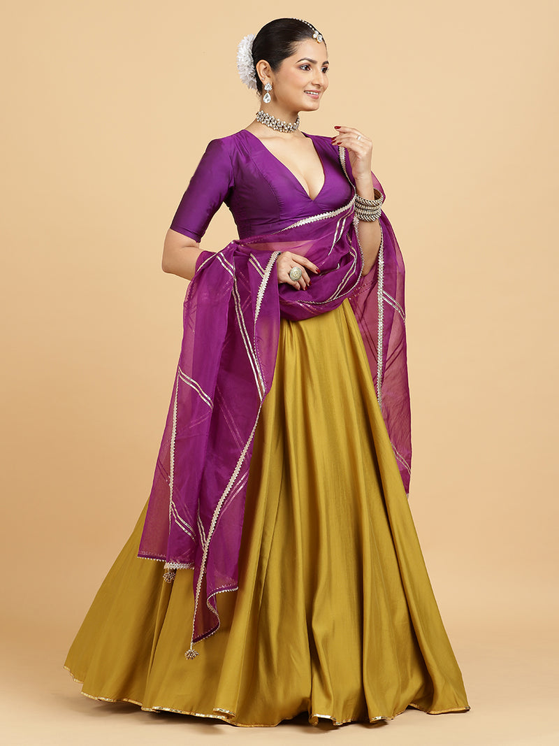 Jhalak Zeenat 4-Pc Lehenga Set x Tyohaar | Mustard Lehenga, Purple Blouse with Falak Purple Dupatta and Cancan Skirt-Binks