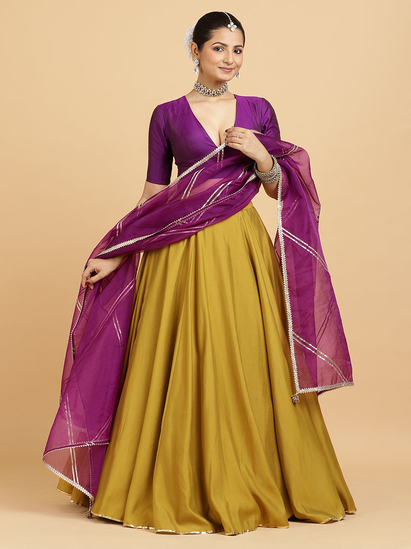 Jhalak Zeenat 4-Pc Lehenga Set x Tyohaar | Mustard Lehenga, Purple Blouse with Falak Purple Dupatta and Cancan Skirt-Binks