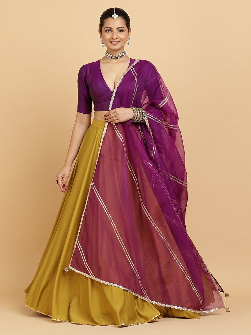 Jhalak Zeenat 4-Pc Lehenga Set x Tyohaar | Mustard Lehenga, Purple Blouse with Falak Purple Dupatta and Cancan Skirt-Binks