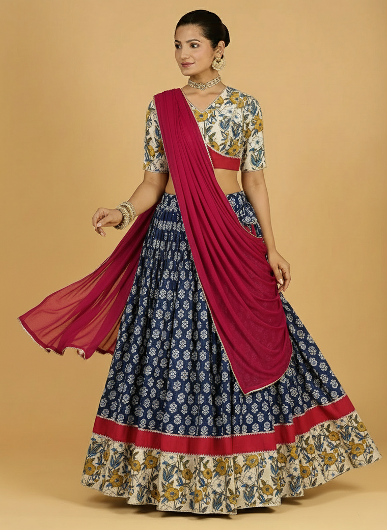 Jyotir x Tyohaar Lehenga Set, in Blue 100% Cotton - Block Printed, featuring elbow sleeves and v-neckline.