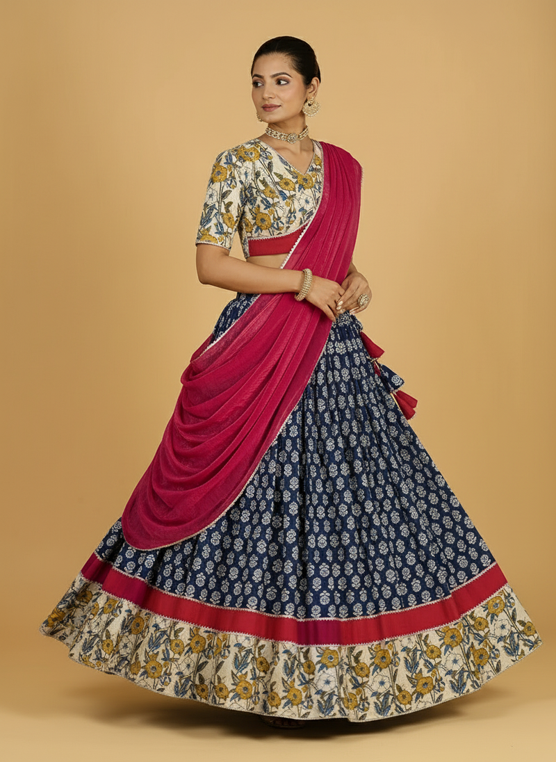 Jyotir x Tyohaar | Blue & Green Navratri Handblock Printed Lehenga Set-Binks