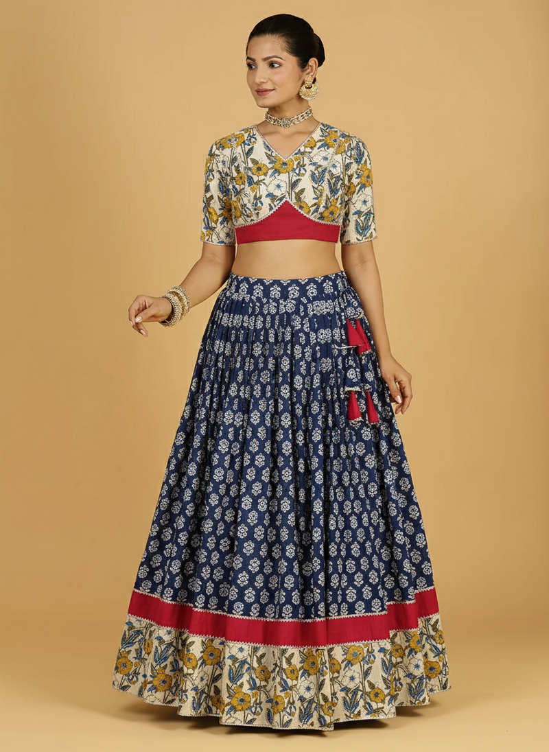 Jyotir x Tyohaar | Blue & Green Navratri Handblock Printed Lehenga Set-Binks