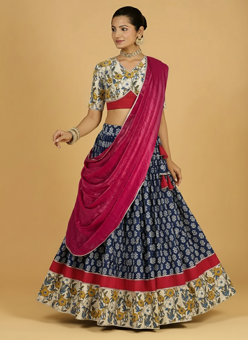 Jyotir x Tyohaar | Blue & Green Navratri Handblock Printed Lehenga Set-Binks