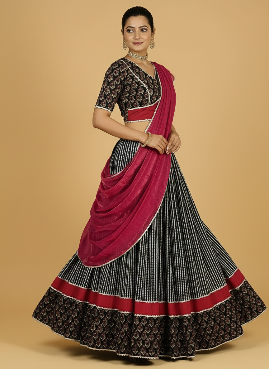 Kalash x Tyohaar | Red & Black Handblock Printed FlareFit™ Lehenga Set with Dupatta