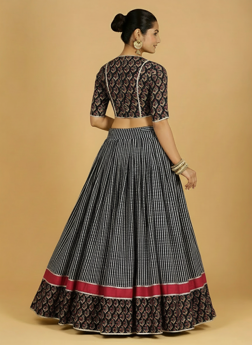 Kalash x Tyohaar Lehenga Set, in Black 100% Cotton - Block Printed, featuring elbow sleeves and v-neckline (view 2).