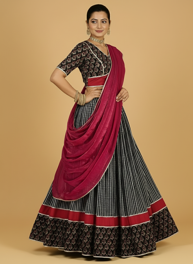 Kalash x Tyohaar Lehenga Set, in Black 100% Cotton - Block Printed, featuring elbow sleeves and v-neckline (view 3).