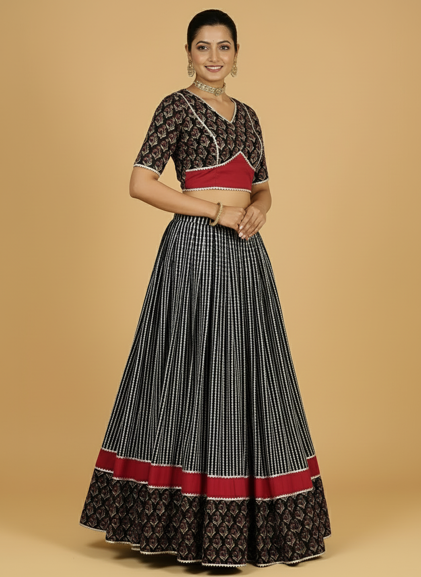Kalash x Tyohaar Lehenga Set, in Black 100% Cotton - Block Printed, featuring elbow sleeves and v-neckline (view 4).