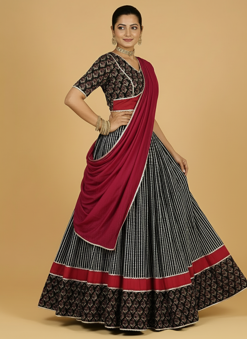 Kalash x Tyohaar Lehenga Set, in Black 100% Cotton - Block Printed, featuring elbow sleeves and v-neckline (view 6).