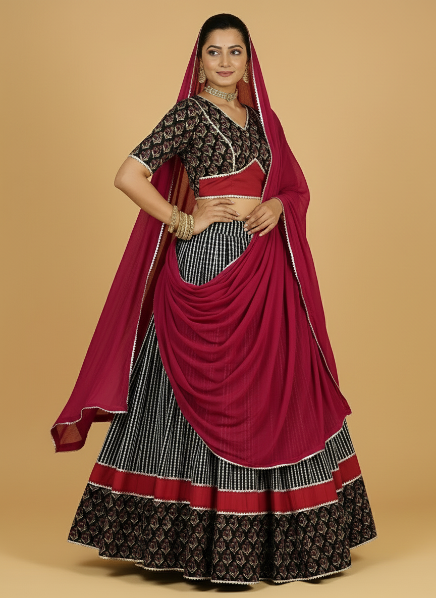 Kalash x Tyohaar Lehenga Set, in Black 100% Cotton - Block Printed, featuring elbow sleeves and v-neckline (view 8).