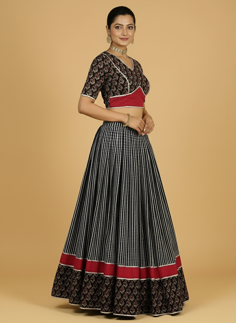 Kalash x Tyohaar | Red & Black Navratri Handblock Printed Lehenga Set-Binks