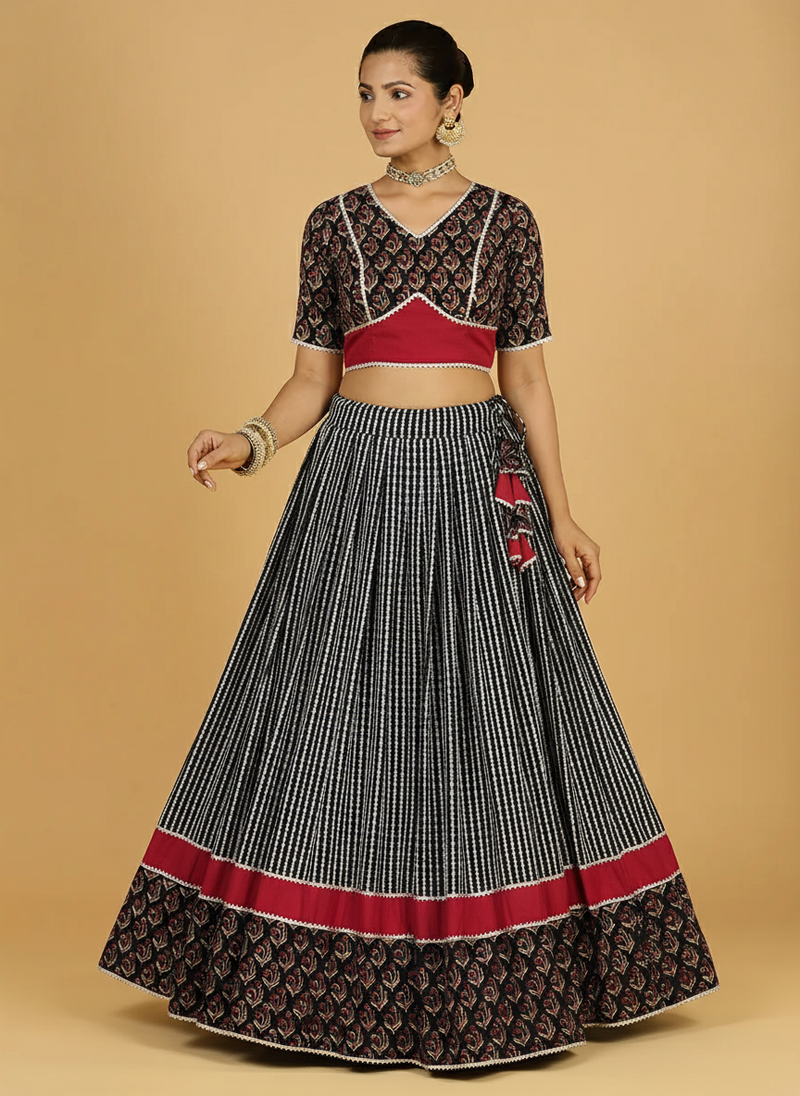 Kalash x Tyohaar | Red & Black Navratri Handblock Printed Lehenga Set-Binks