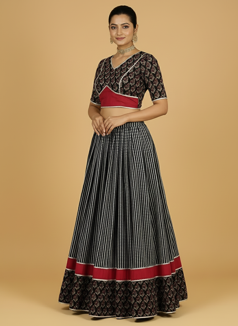 Kalash x Tyohaar | Red & Black Navratri Handblock Printed Lehenga Set-Binks