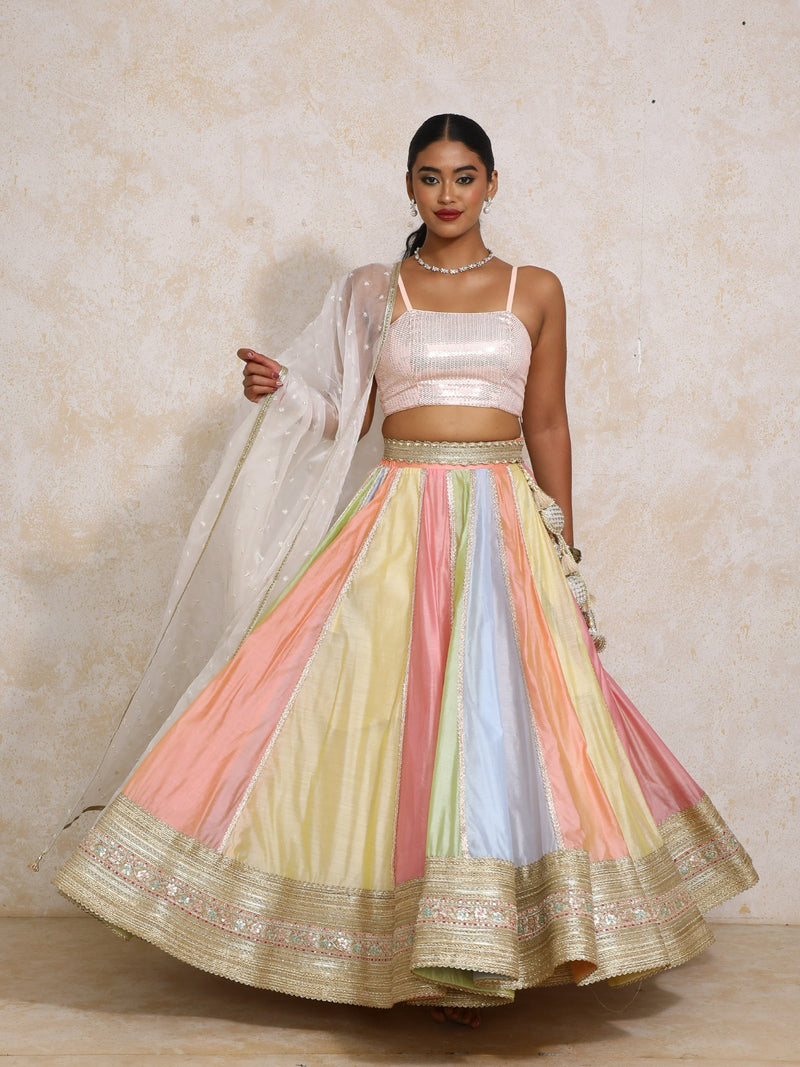 Khushboo x Tyohaar | Pastel Plain Chandheri FlareFit™ Lehenga Set with Dupatta-Binks