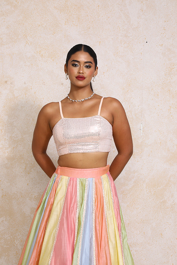 Khushboo x Tyohaar | Pastel Plain Chandheri FlareFit™ Lehenga Set with Dupatta-Binks
