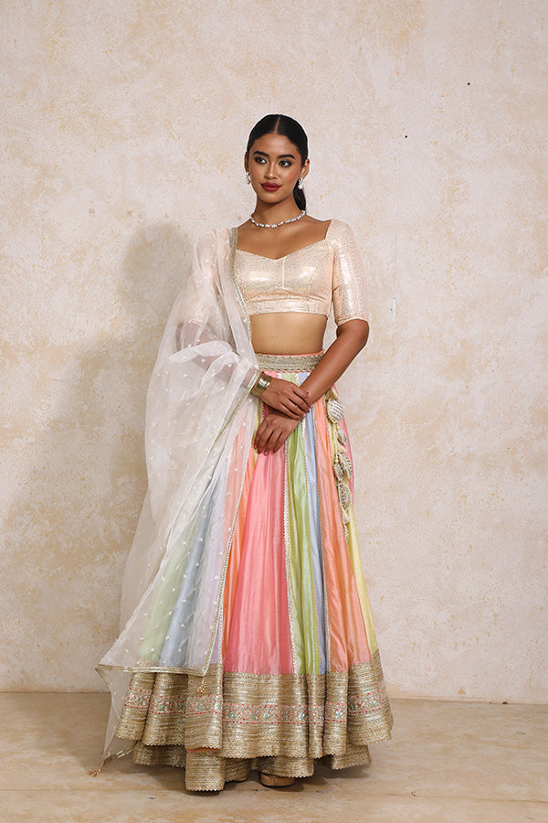 Palak x Tyohaar | Pastel Plain Chandheri FlareFit™ Lehenga Set with Dupatta-Binks