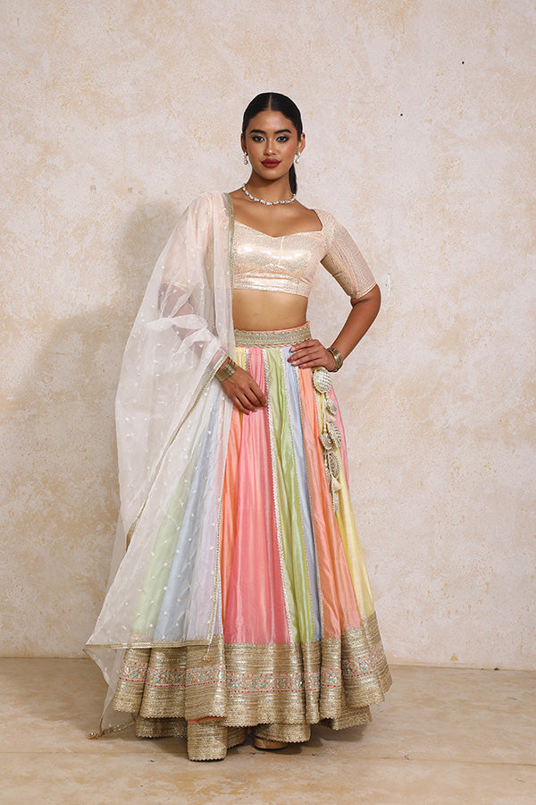 Palak x Tyohaar | Pastel Plain Chandheri FlareFit™ Lehenga Set with Dupatta-Binks