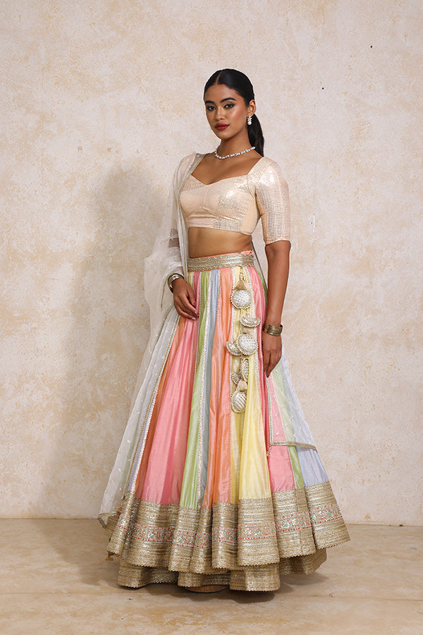 Palak x Tyohaar | Pastel Plain Chandheri FlareFit™ Lehenga Set with Dupatta-Binks