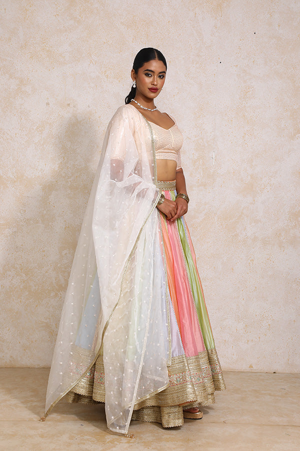 Palak x Tyohaar | Pastel Plain Chandheri FlareFit™ Lehenga Set with Dupatta-Binks