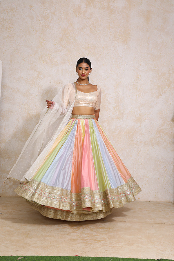 Palak x Tyohaar | Pastel Plain Chandheri FlareFit™ Lehenga Set with Dupatta-Binks