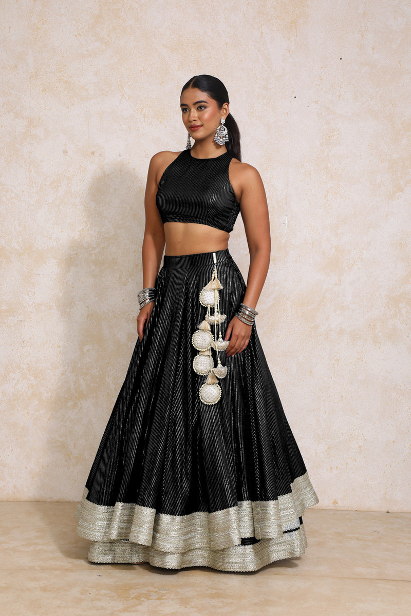 Kimaya x Tyohaar | Black Silver Stripe Cotton FlareFit™ Lehenga Set with Dupatta-Binks