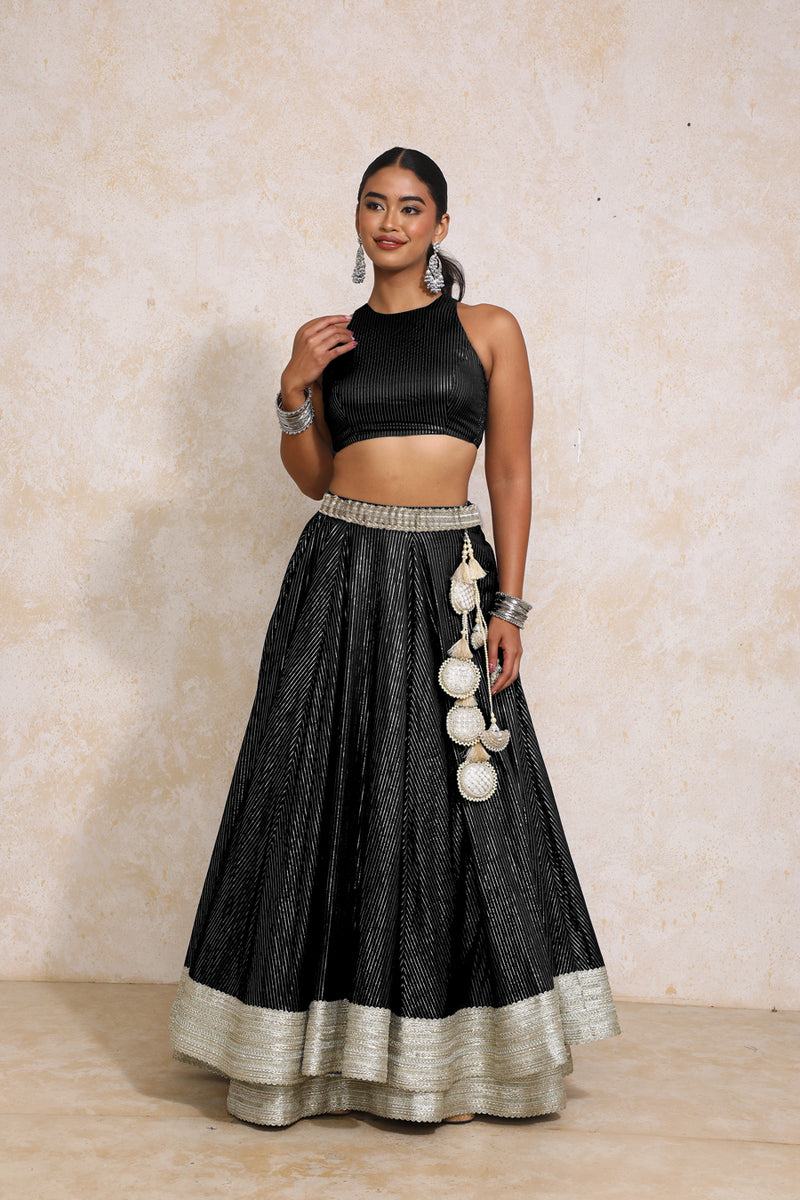 Kimaya x Tyohaar | Black Silver Stripe Cotton FlareFit™ Lehenga Set with Dupatta-Binks