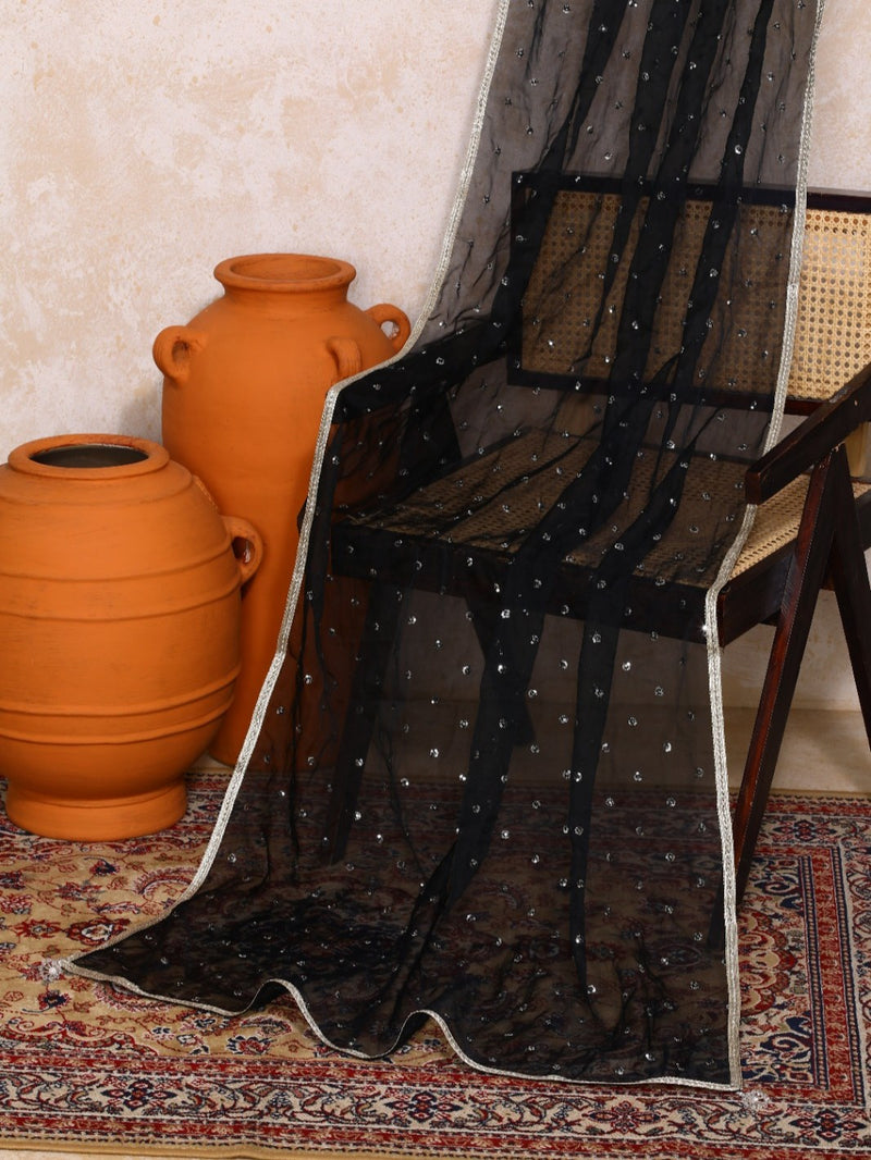 Kimaya x Tyohaar | Black Silver Stripe Cotton FlareFit™ Lehenga Set with Dupatta-Binks