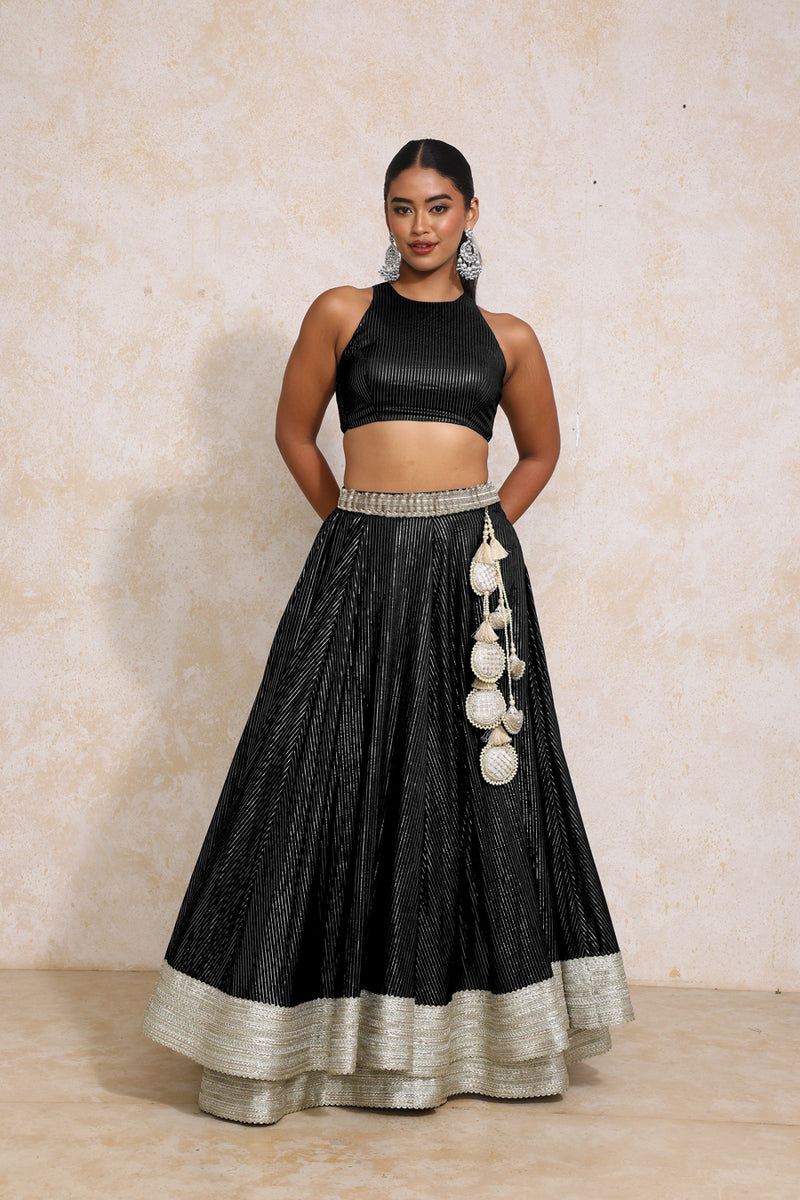 Kimaya x Tyohaar | Black Silver Stripe Cotton FlareFit™ Lehenga Set with Dupatta-Binks