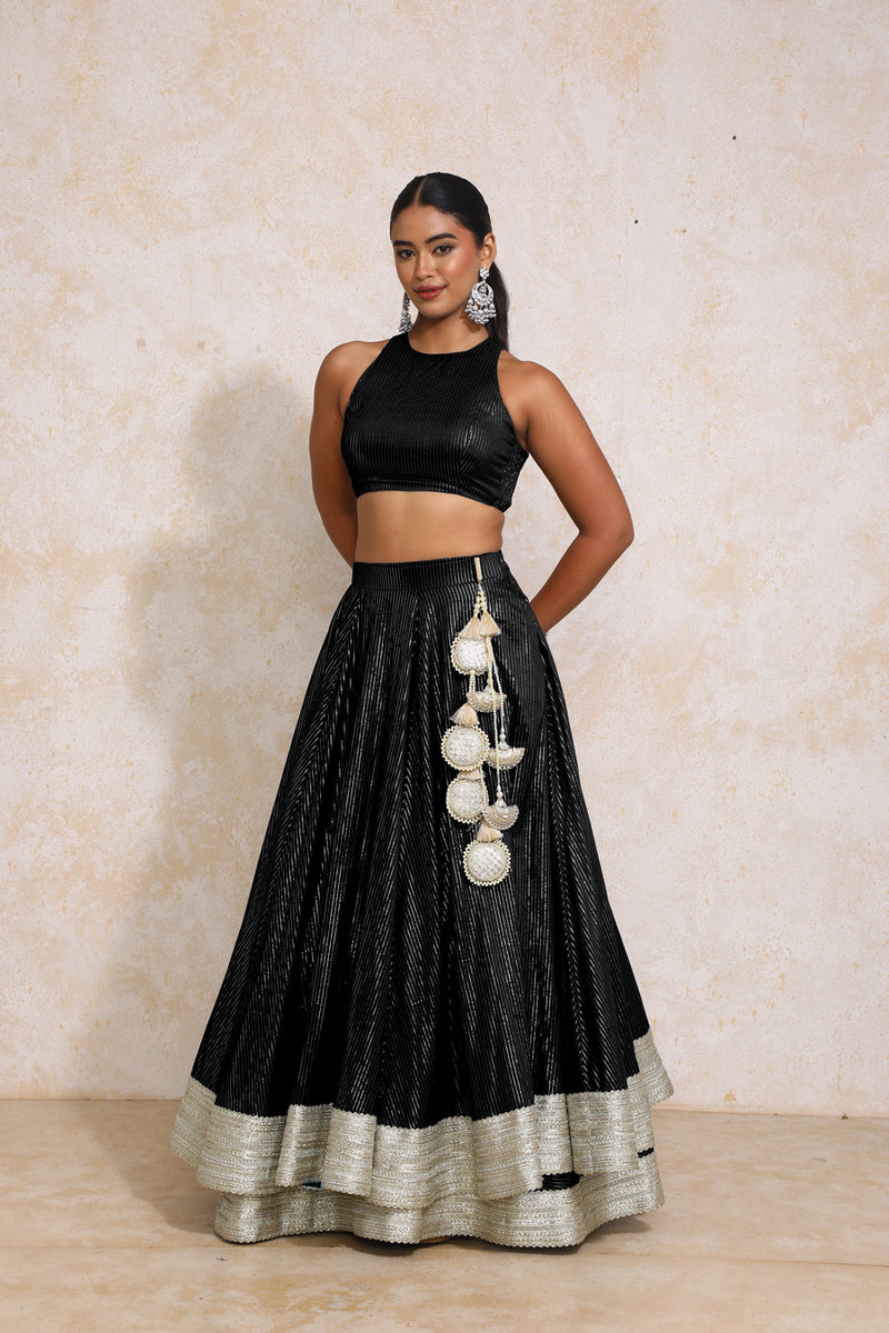 Kimaya x Tyohaar | Black Silver Stripe Cotton FlareFit™ Lehenga Set with Dupatta-Binks