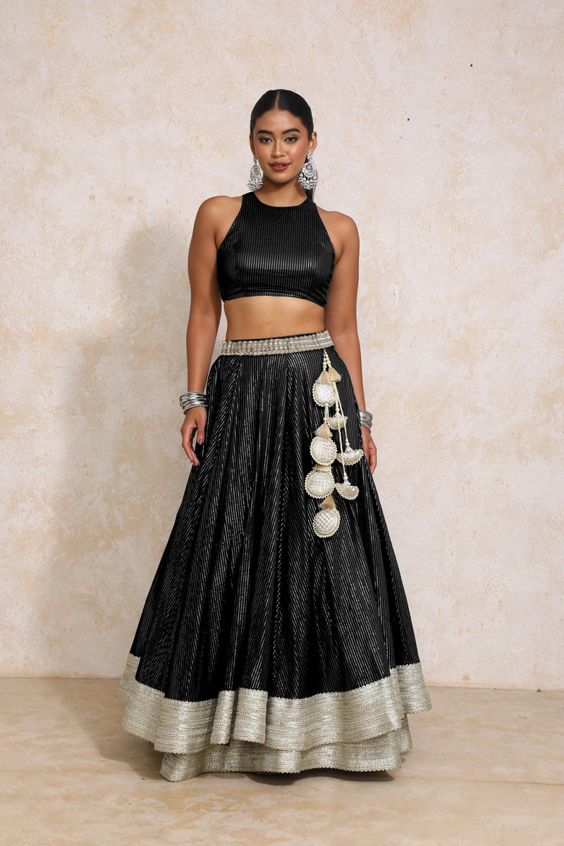 Kimaya x Tyohaar | Black Silver Stripe Cotton FlareFit™ Lehenga Set with Dupatta-Binks