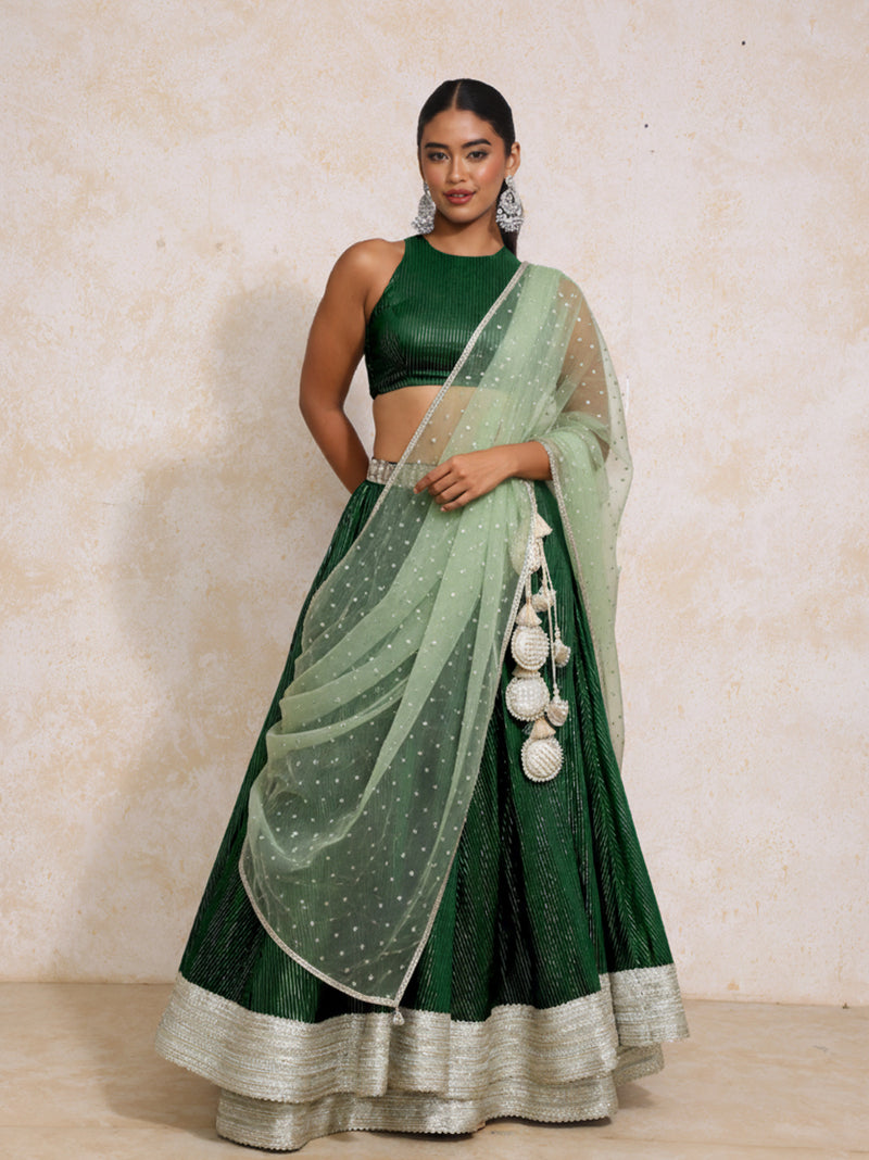 Kimaya x Tyohaar | Dark Green Silver Stripe Cotton FlareFit™ Lehenga Set with Dupatta-Binks