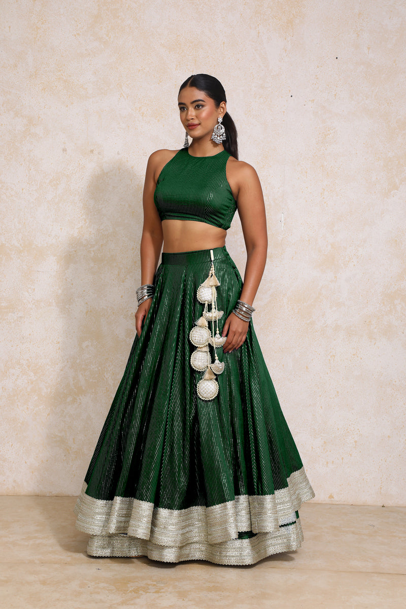 Kimaya x Tyohaar | Dark Green Silver Stripe Cotton FlareFit™ Lehenga Set with Dupatta-Binks