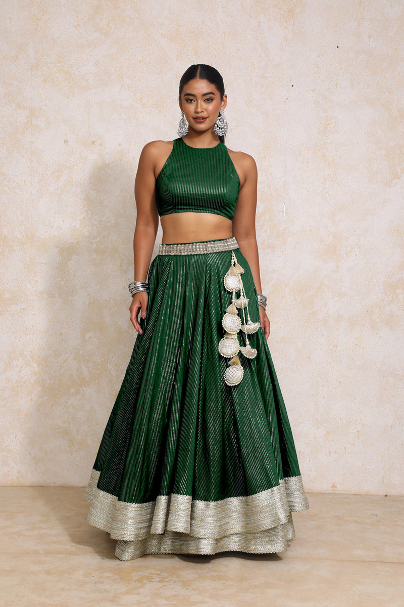 Kimaya x Tyohaar | Dark Green Silver Stripe Cotton FlareFit™ Lehenga Set with Dupatta-Binks
