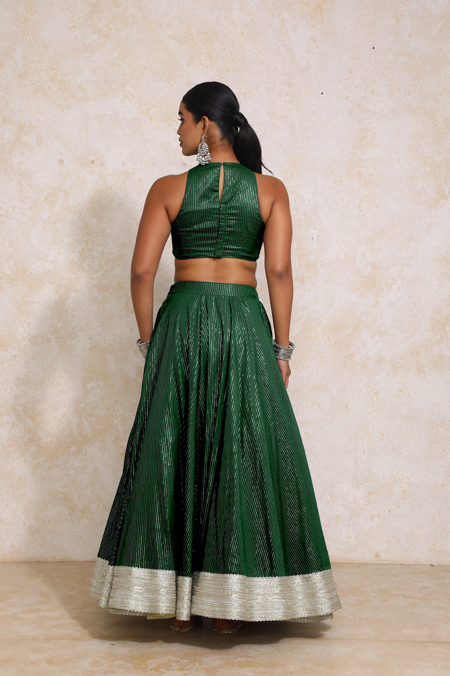 Kimaya x Tyohaar Lehenga Set, in Green 100% Cotton & Lurex, featuring sleeveless and halter neckline (view 2).