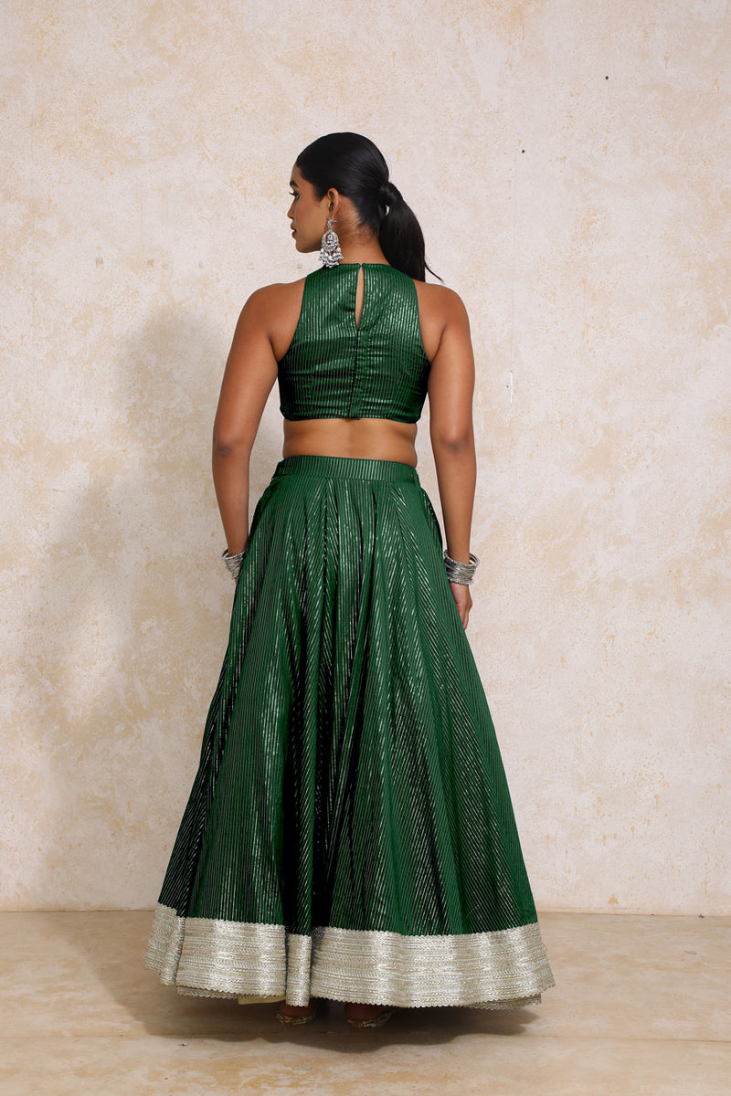 Kimaya x Tyohaar | Dark Green Silver Stripe Cotton FlareFit™ Lehenga Set with Dupatta-Binks