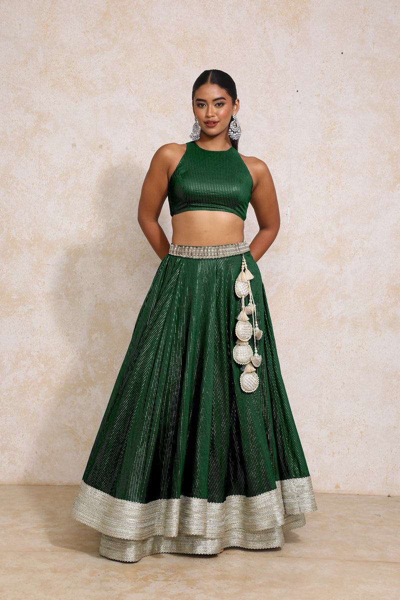 Kimaya x Tyohaar | Dark Green Silver Stripe Cotton FlareFit™ Lehenga Set with Dupatta-Binks