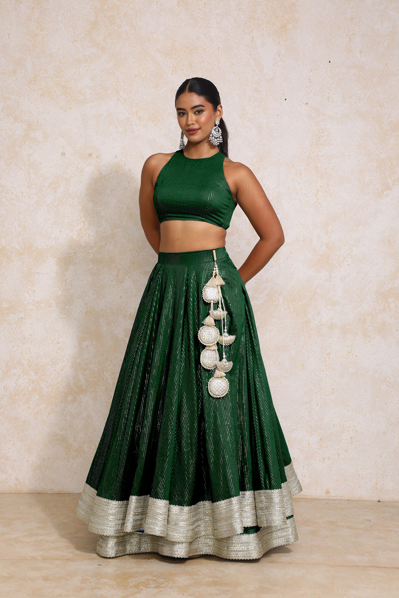 Kimaya x Tyohaar | Dark Green Silver Stripe Cotton FlareFit™ Lehenga Set with Dupatta-Binks