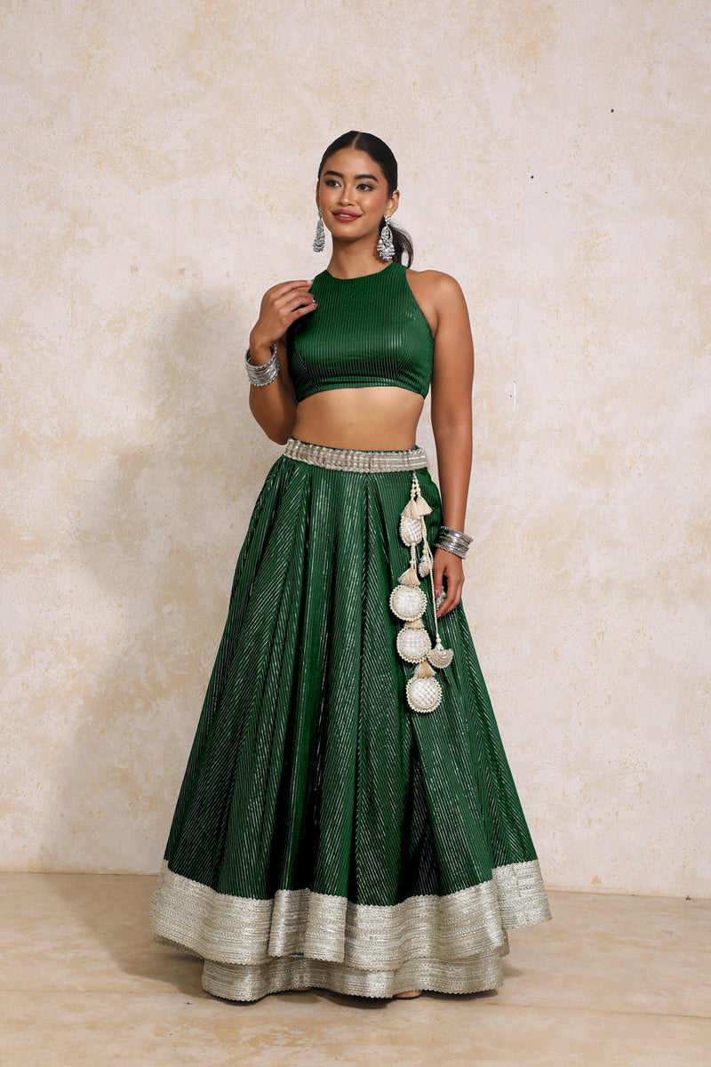 Kimaya x Tyohaar | Dark Green Silver Stripe Cotton FlareFit™ Lehenga Set with Dupatta-Binks