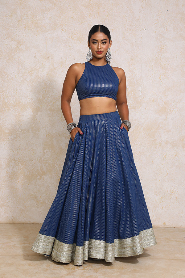Kimaya x Tyohaar | Indigo Silver Stripe Cotton FlareFit™ Lehenga Set with Dupatta-Binks