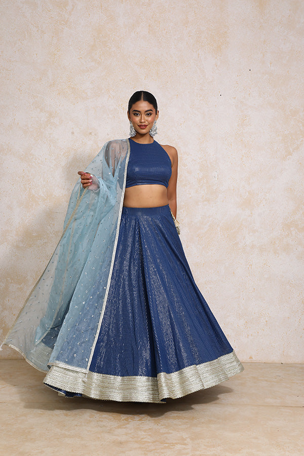 Kimaya x Tyohaar | Indigo Silver Stripe Cotton FlareFit™ Lehenga Set with Dupatta-Binks