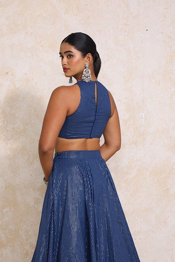 Kimaya x Tyohaar | Indigo Silver Stripe Cotton FlareFit™ Lehenga Set with Dupatta-Binks