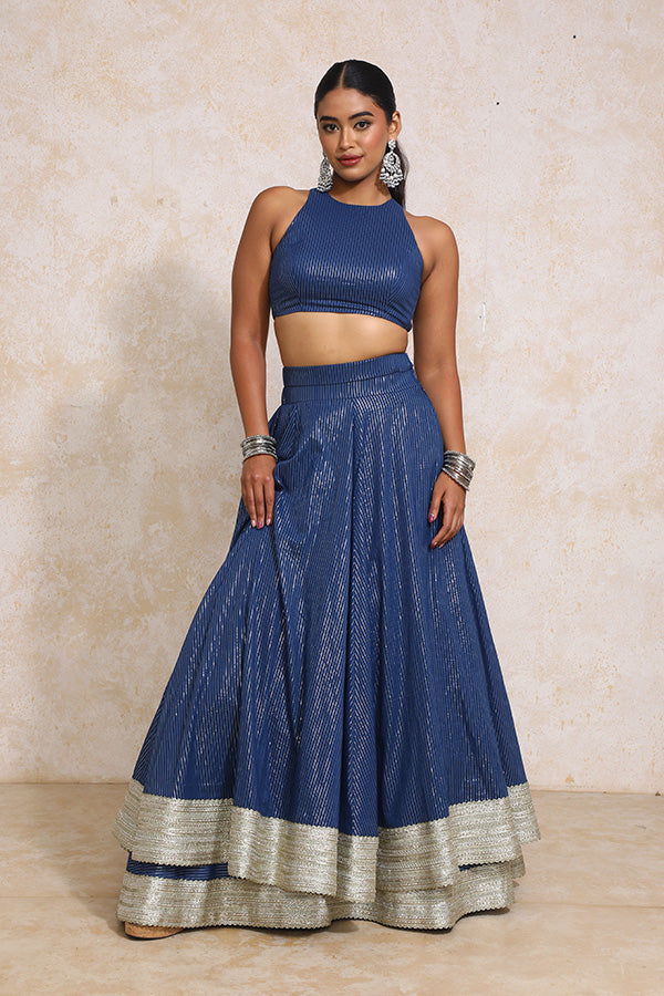 Kimaya x Tyohaar | Indigo Silver Stripe Cotton FlareFit™ Lehenga Set with Dupatta-Binks