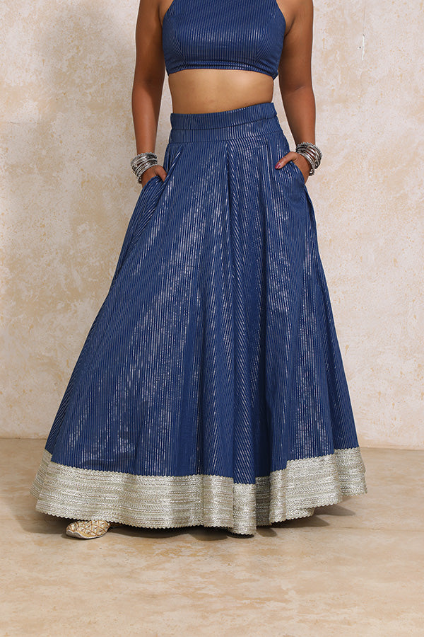 Kimaya x Tyohaar | Indigo Silver Stripe Cotton FlareFit™ Lehenga Set with Dupatta-Binks