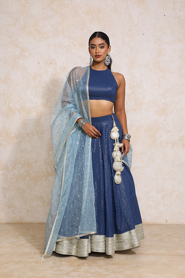 Kimaya x Tyohaar | Indigo Silver Stripe Cotton FlareFit™ Lehenga Set with Dupatta-Binks