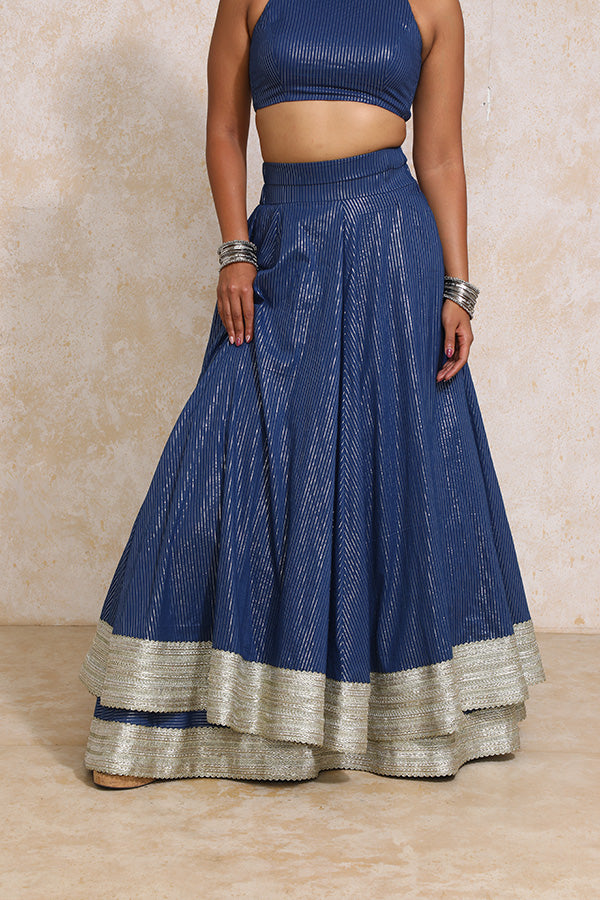 Kimaya x Tyohaar Lehenga Set, in Blue 100% Cotton & Lurex, featuring sleeveless and halter neckline (view 3).