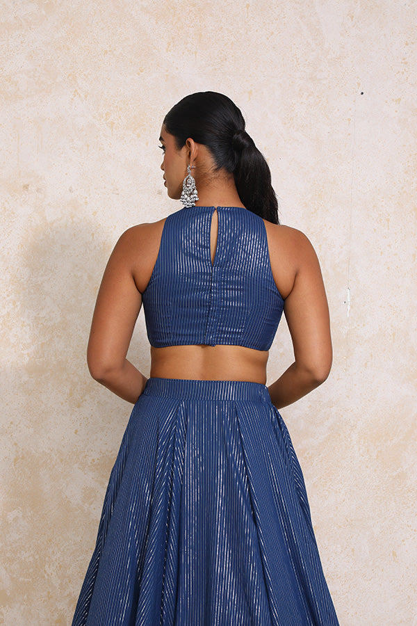 Kimaya x Tyohaar Lehenga Set, in Blue 100% Cotton & Lurex, featuring sleeveless and halter neckline (view 4).