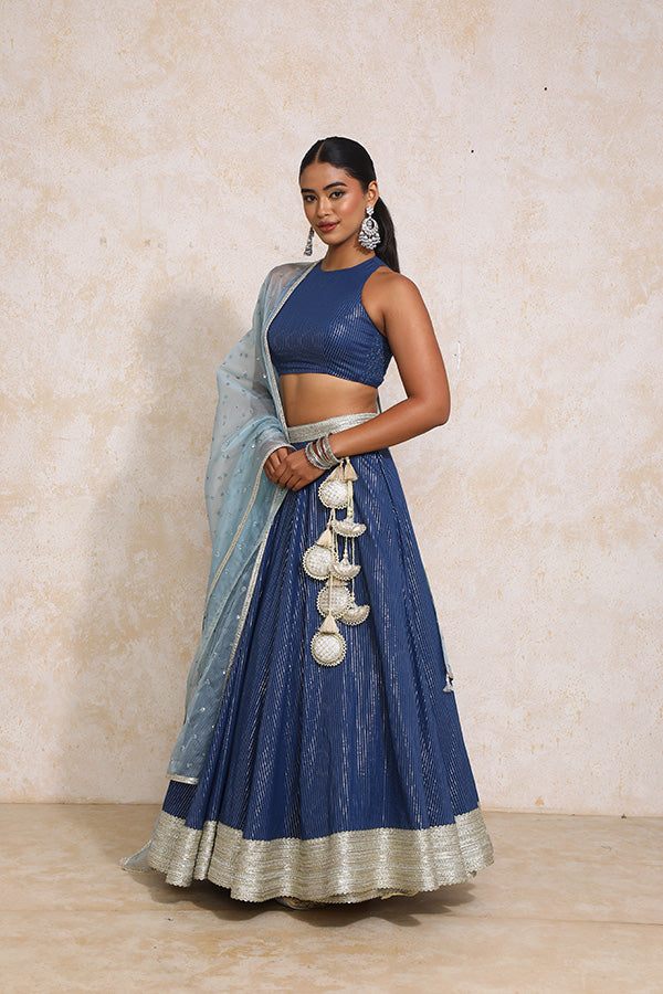 Kimaya x Tyohaar Lehenga Set, in Blue 100% Cotton & Lurex, featuring sleeveless and halter neckline (view 8).