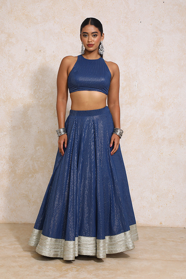 Kimaya x Tyohaar | Indigo Silver Stripe Cotton FlareFit™ Lehenga Set with Dupatta-Binks
