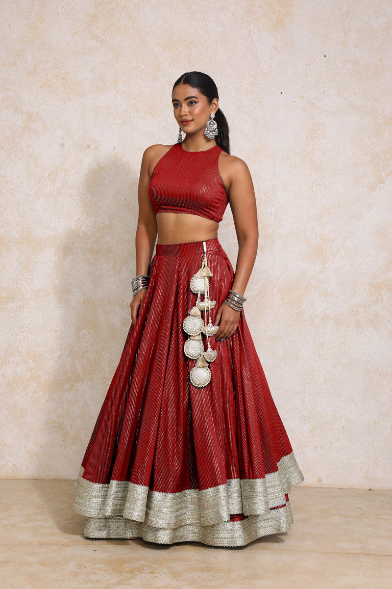 Kimaya x Tyohaar | Red Silver Stripe Cotton FlareFit™ Lehenga Set with Dupatta-Binks