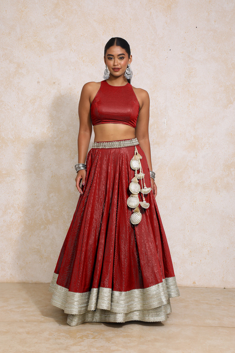 Kimaya x Tyohaar | Red Silver Stripe Cotton FlareFit™ Lehenga Set with Dupatta-Binks