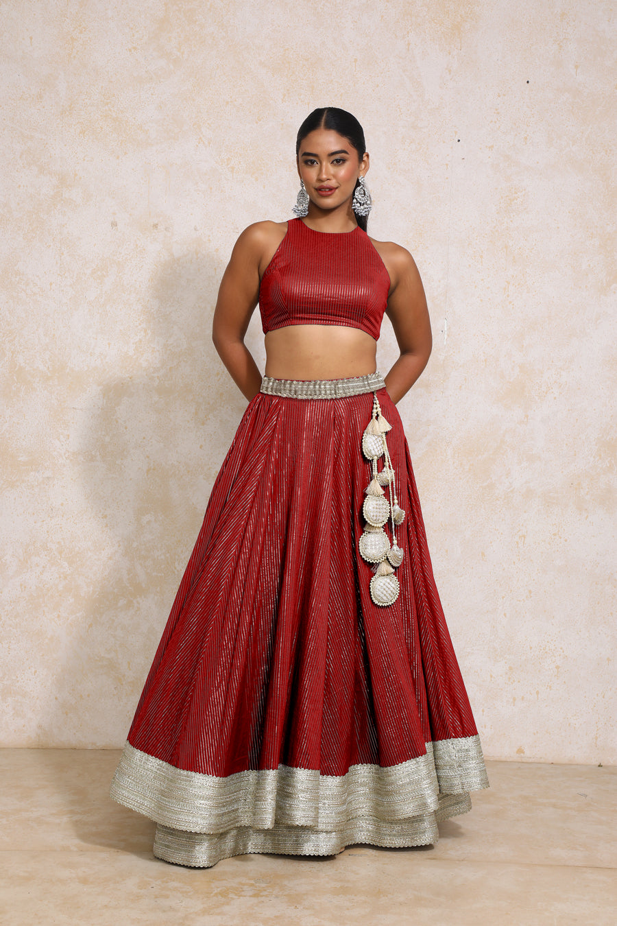 Kimaya x Tyohaar Lehenga Set, in Red 100% Cotton & Lurex, featuring sleeveless and halter neckline, made for party & festive.